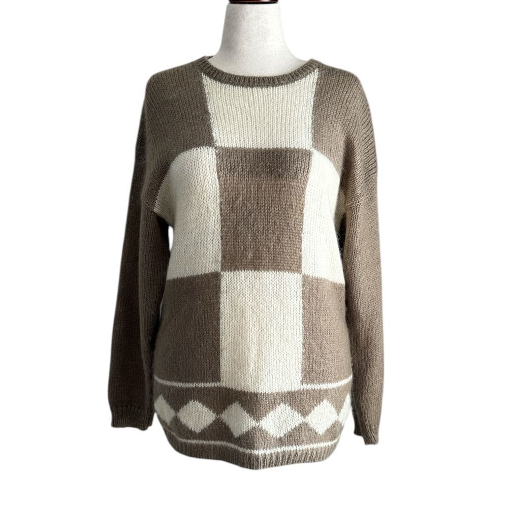 VTG Designers Originals Women’s L Mohair Blend Sweater Brown Beige Block Plaid
